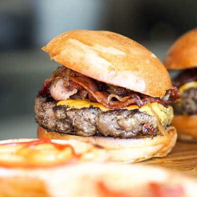 close-up of mushroom bacon burger